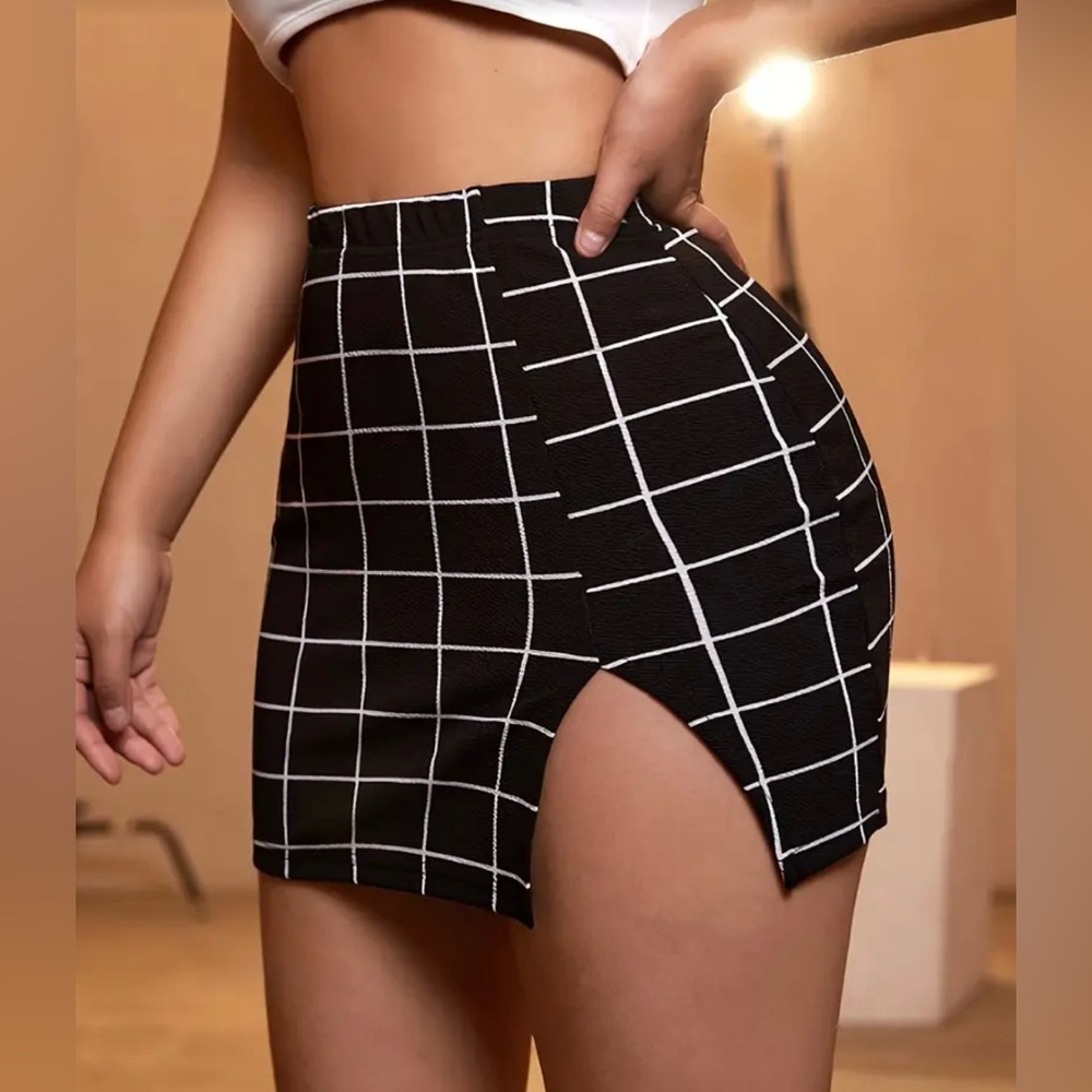 New Plaid Print Split Bodycon Skirt, Casual High Waist Mini Skirt. - Picture 4 of 8
